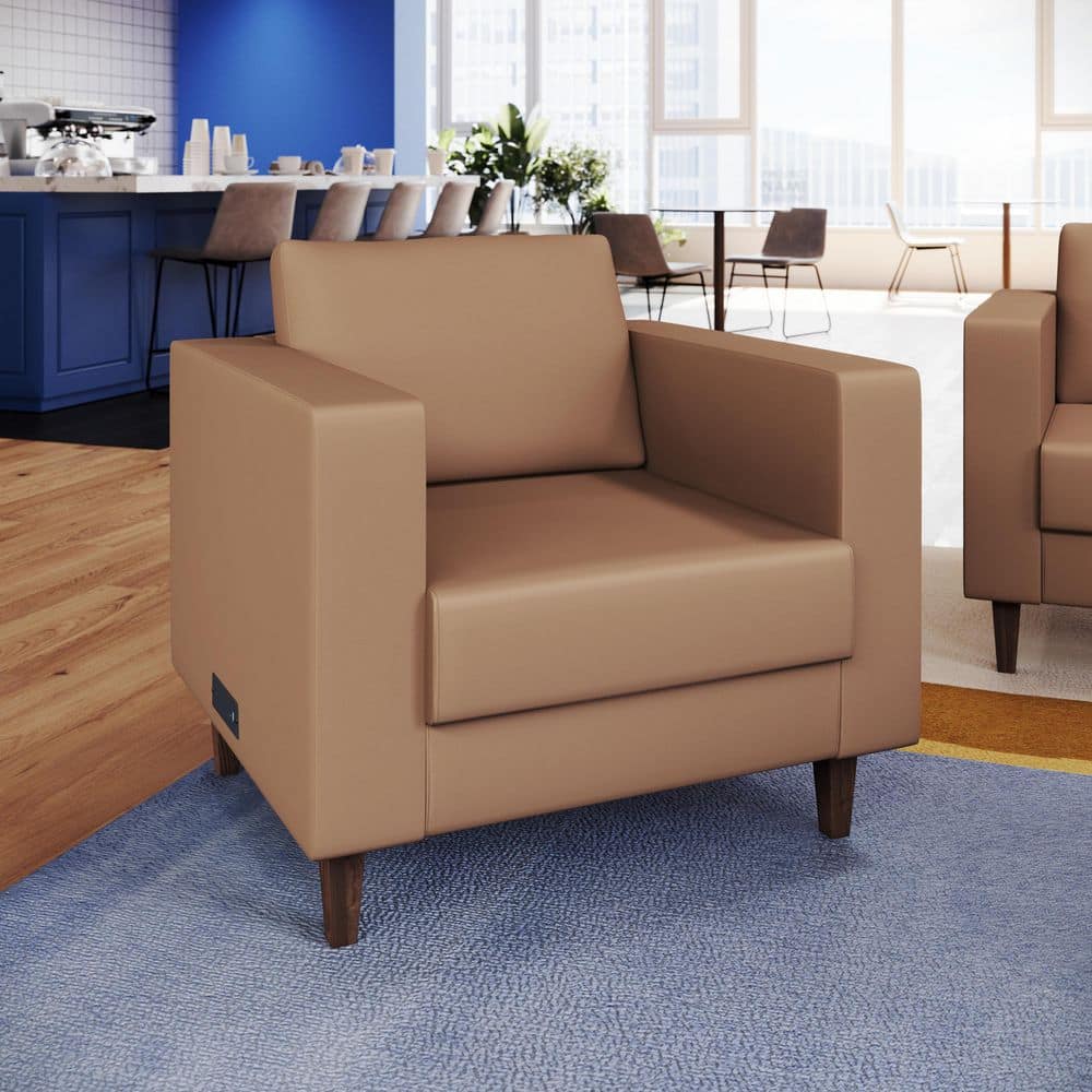 Hercules Artemis Cognac Faux Leather Side Chair with 2 AC Outlets/1 USB/1 USB-C Ports, Wooden Walnut Legs, Floor Glides