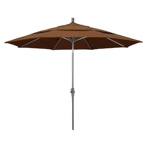 11 ft. Hammertone Grey Aluminum Market Patio Umbrella with Crank Lift in Teak Sunbrella