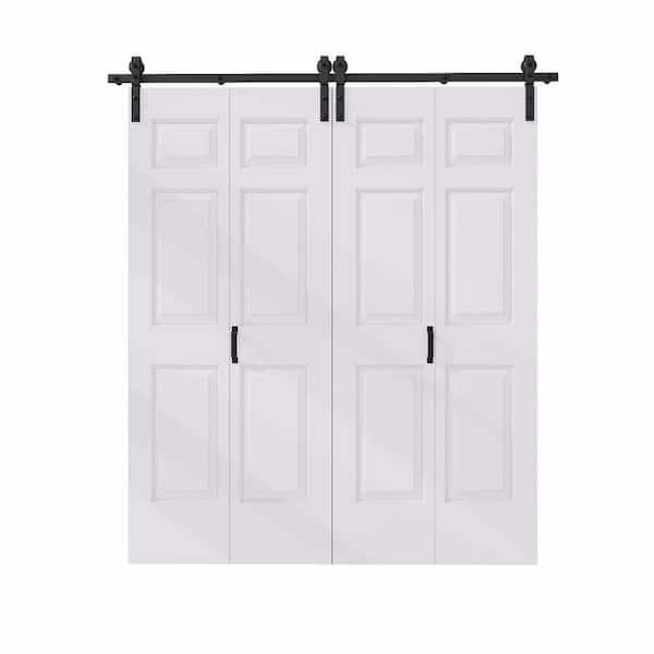 72 in. x 84 in. Assembled Bi-Fold 6 Panel White Primed DIY Available Hollow Core MDF Sliding Barn Door with Hardware Kit