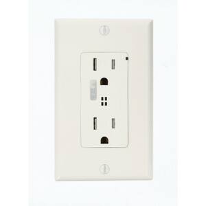Decora Plus 15 Amp Commercial Grade Tamper Resistant Self Grounding Duplex Surge Outlet with Audible Alarm, White