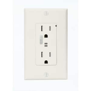 Decora Plus 15 Amp Commercial Grade Tamper Resistant Self Grounding Duplex Surge Outlet with Audible Alarm, White