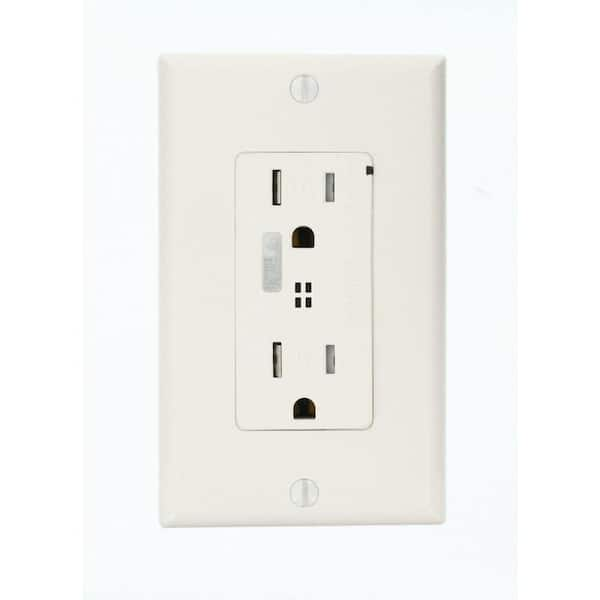 Leviton Decora Plus 15 Amp Commercial Grade Tamper Resistant Self Grounding Duplex Surge Outlet with Audible Alarm, White