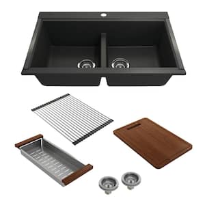 Baveno Lux Matte Black Granite Composite 33 in. Double Bowl Undermount Kitchen Sink w/Integrated Workstation and Acc