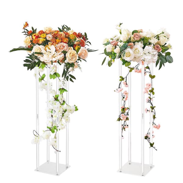 SKYSHALO 2-Pieces 31.5 in. High Wedding Flower Stand Floral Display Rack for T-Stage Events Reception White Square Acrylic