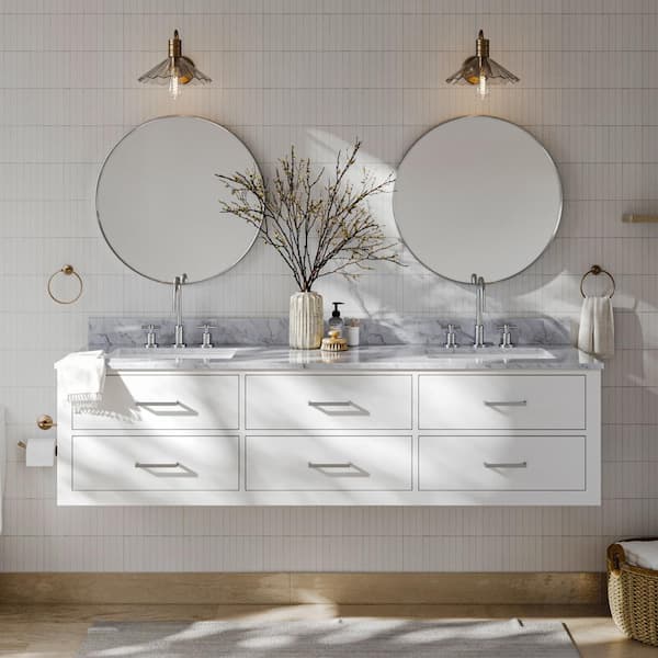 ARIEL Hutton 73 in. W x 22 in. D x 18.85 in. H Bath Vanity in White with Carrara White Marble Top