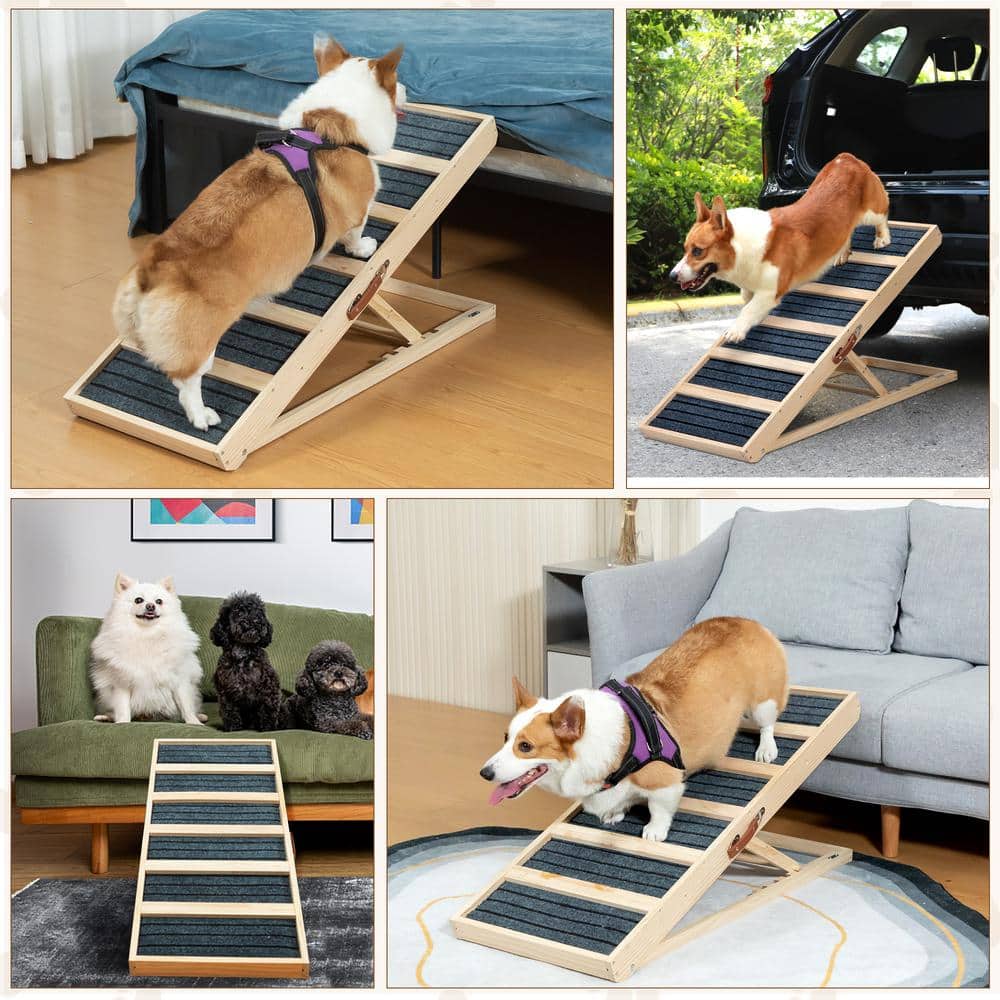 Adjustable Natural Pinewood Folding Pet Ramp with Gray Carpet