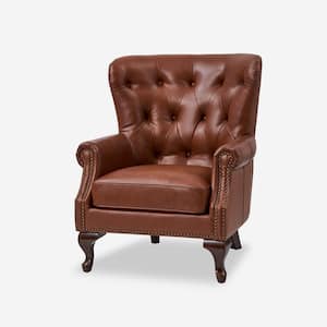 Eberhard Brown Genuine Leather Arm Chair with Nailhead Trims and Removable Cushion