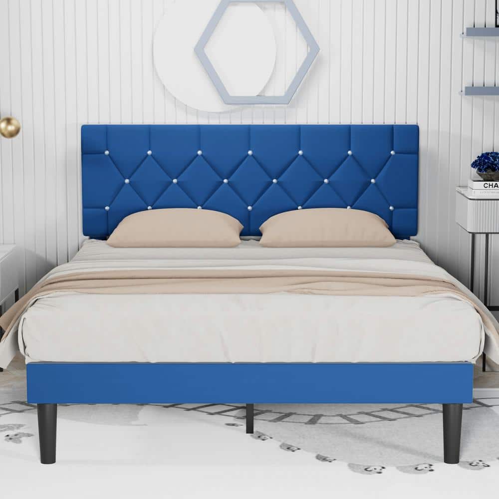 Upholstered Bed, Blue Metal Frame Queen Platform Bed with Wood Slat Support, No Box Spring Needed Bed Frame