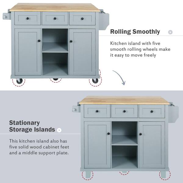 Dropship Kitchen Cart With Rubber Wood Drop-Leaf Countertop ,Cabinet Door  Internal Storage Racks,Kitchen Island On 5 Wheels With Storage Cabinet And  3 Drawers For Dinning Room, Grey Blue to Sell Online at