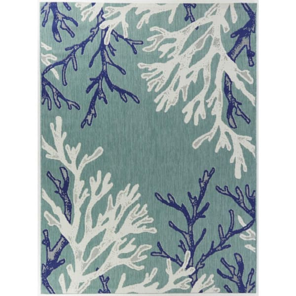 Teal/White 5 ft. x 7 ft. Coral Indoor/Outdoor Patio Area Rug