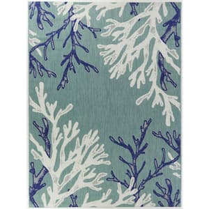 Teal/White 5 ft. x 7 ft. Coral Indoor/Outdoor Area Rug