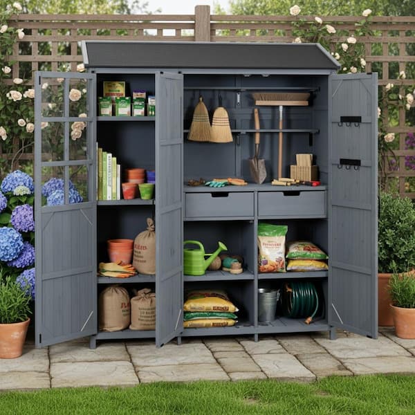 60.6 in. W x 17.6 in. D x 71.6 in. H Gray Wood Outdoor Storage Cabinet Garden Tool with Waterproof Roof