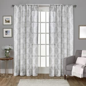 Nagano Dove Grey Medallion Faux Linen 54 in. W x 84 in. L Rod Pocket Top, Sheer Curtain Panel (Set of 2)