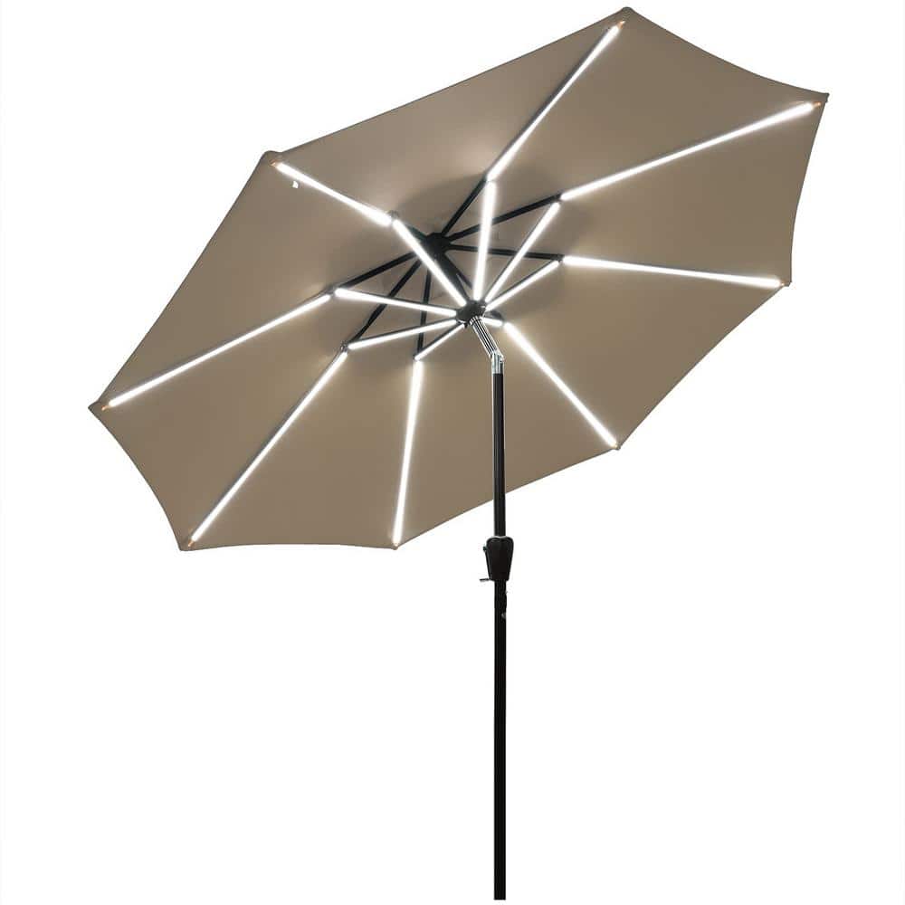 9 ft. Aluminum LED Lights Market Patio Umbrella with Crank and Tilt in Tan