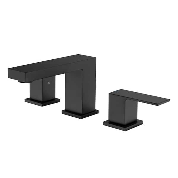 Single Hole Dual Handles Cube 8 in. Bathroom Sink Widespread Faucet with Drain Assembly Matte Black