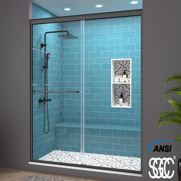 ES-DIY 56-60 in. W x 70 in. H Sliding Framed Shower Door in Matte Black with Coated Clear Glass