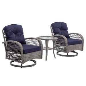 3-Piece Wicker Outdoor Patio Conversation Set Swivel Patio Chairs with Navy Blue Cushions and Coffee Table