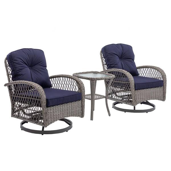Unbranded 3-Piece Wicker Outdoor Patio Conversation Set Swivel Patio Chairs with Navy Blue Cushions and Coffee Table