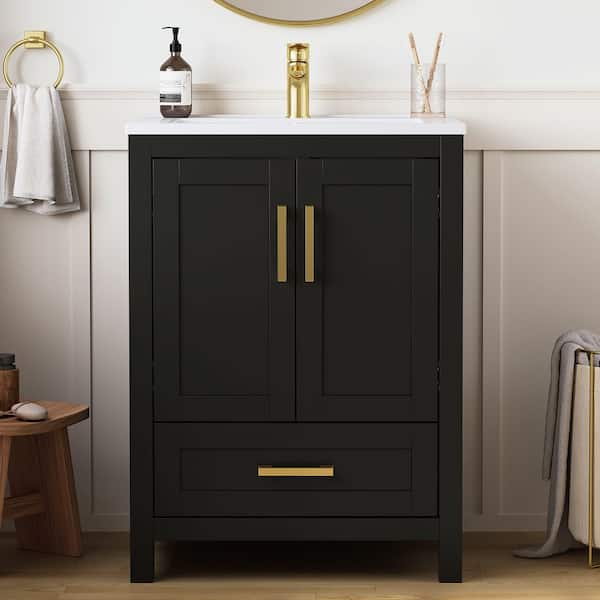 Raven 25 in.W Single Sink Black Freestanding Bath Vanity with White Engineered Solid Surface Top Unassembled