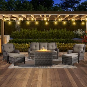 6-Piece Gray Wicker Outdoor Patio Rectangular Fire Pit Conversation Set with Gray Cushions and Ottomans