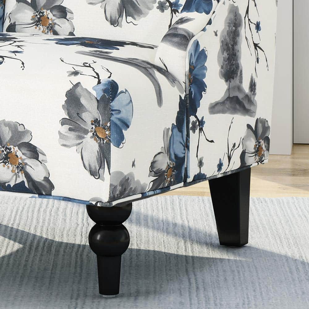 Handcrafted Floral Brown Wood Slope Arm Club Accent Chair