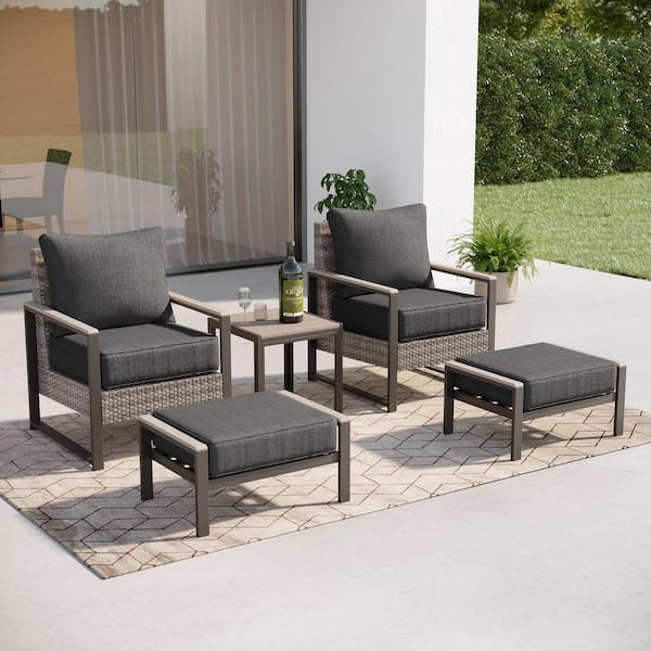 Sonkuki 5 Pieces Patio Conversation Set Sofa Set with Ottomans and Side Table Gray PE Wicker with Black Cushion