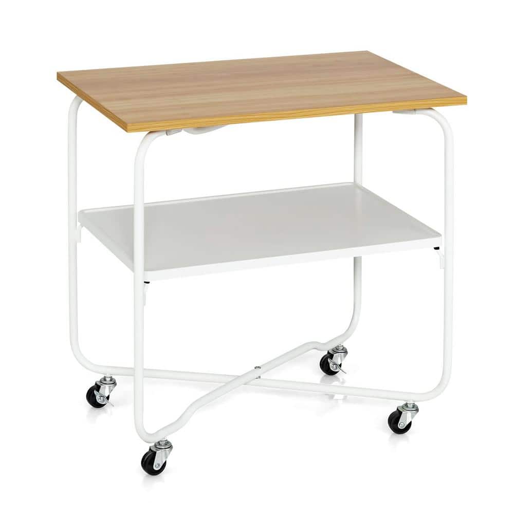 Natural Wood and White Metal 2-Tier Rolling End Table