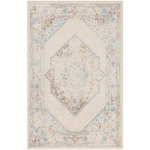 Nourison Astra Machine Washable Ivory Blue 3 ft. x 5 ft. Center medallion Traditional Area Rug
