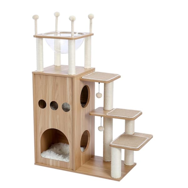 Foobrues 51.20 in. H Pet Cat Scratching Posts and Trees MDF Cat Tower with Fully Sisal Covering Scratching Posts in Beige