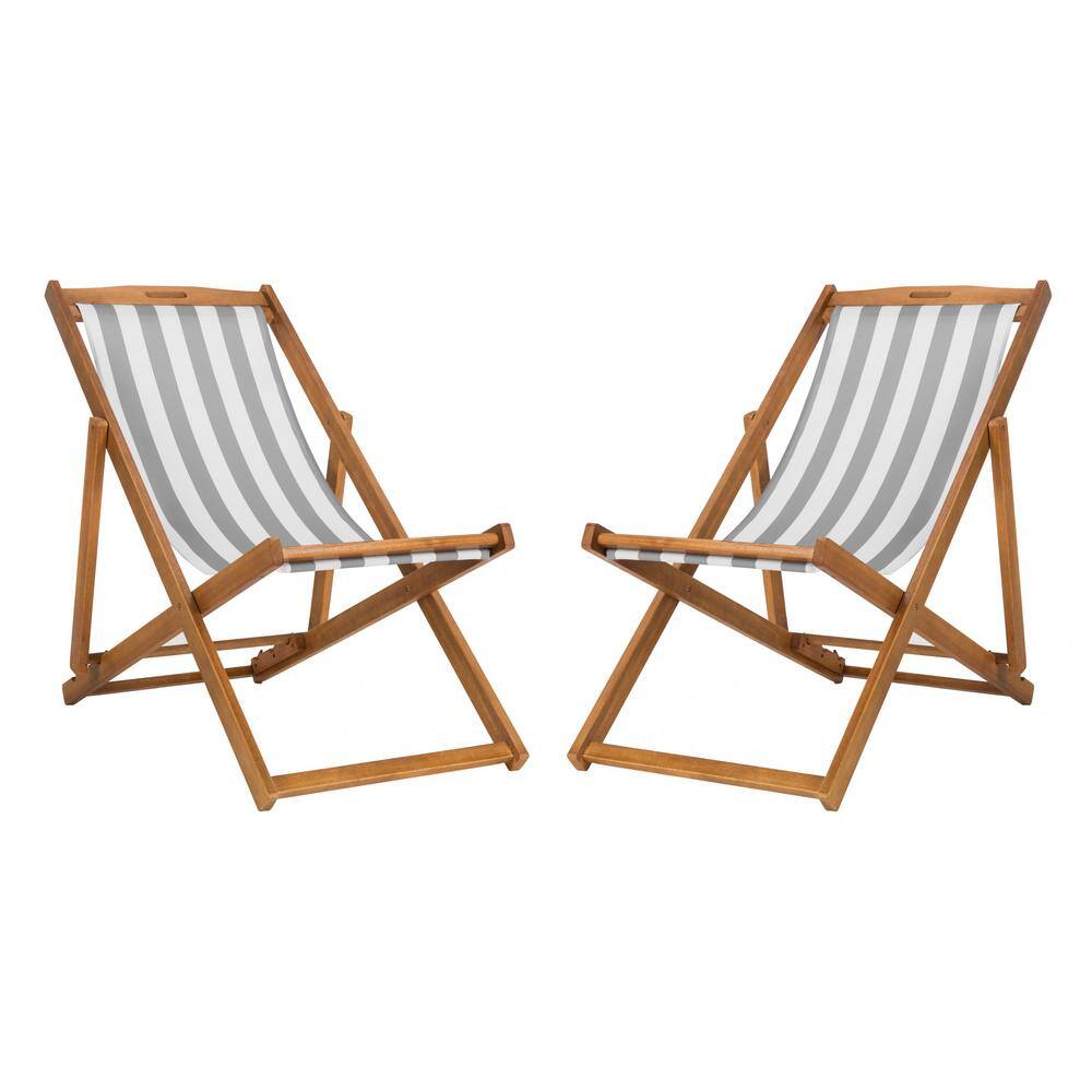 Loren Natural Teak and Grey Stripe Foldable Sling Chair Set