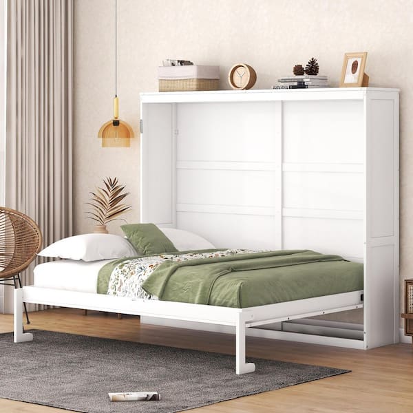 Kilian White Wood Frame Queen Size Murphy Bed, can be Folded into a Cabinet