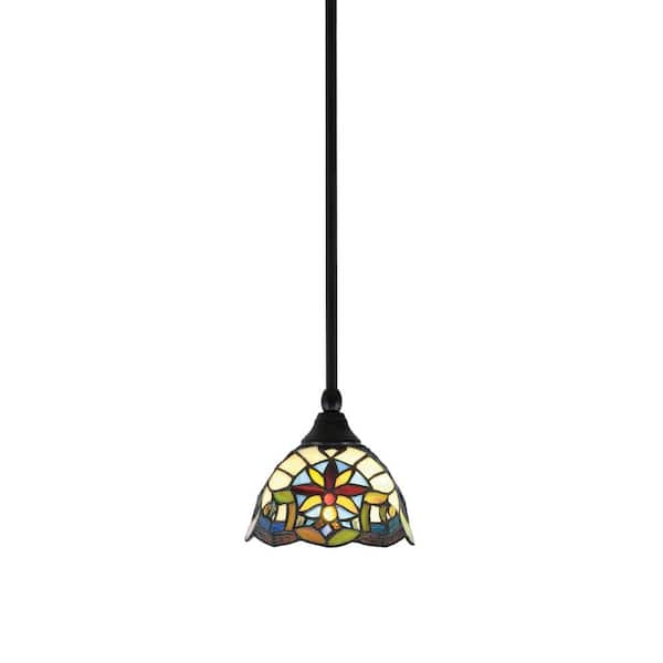 Unbranded Sparta 100-Watt 1-Light Matte Black Shaded Pendant Light Mini Pendant with 7 in. Earth Star Art Glass, No Bulb Included