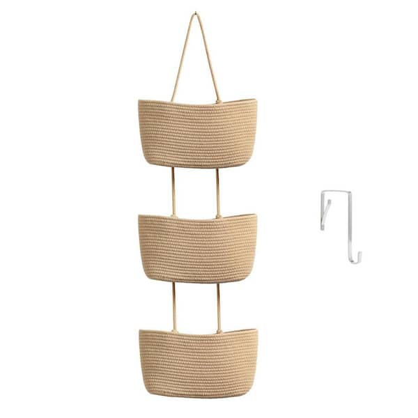 3-Tier Door Hanging Basket, Woven Cotton Wall-Mounted Storage Bag, Decorative Hanging Basket, Jute