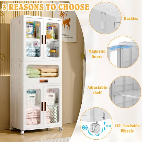 52.76 in. Stackable Accent Storage Cabinet with Doors and Wheels, Adjustable Shelves, Modern White Organizer Size 4