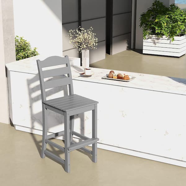 Plastic HDPE Outdoor Bar Stool Patio Tall Chair Backrest Footrest All Weather Grey