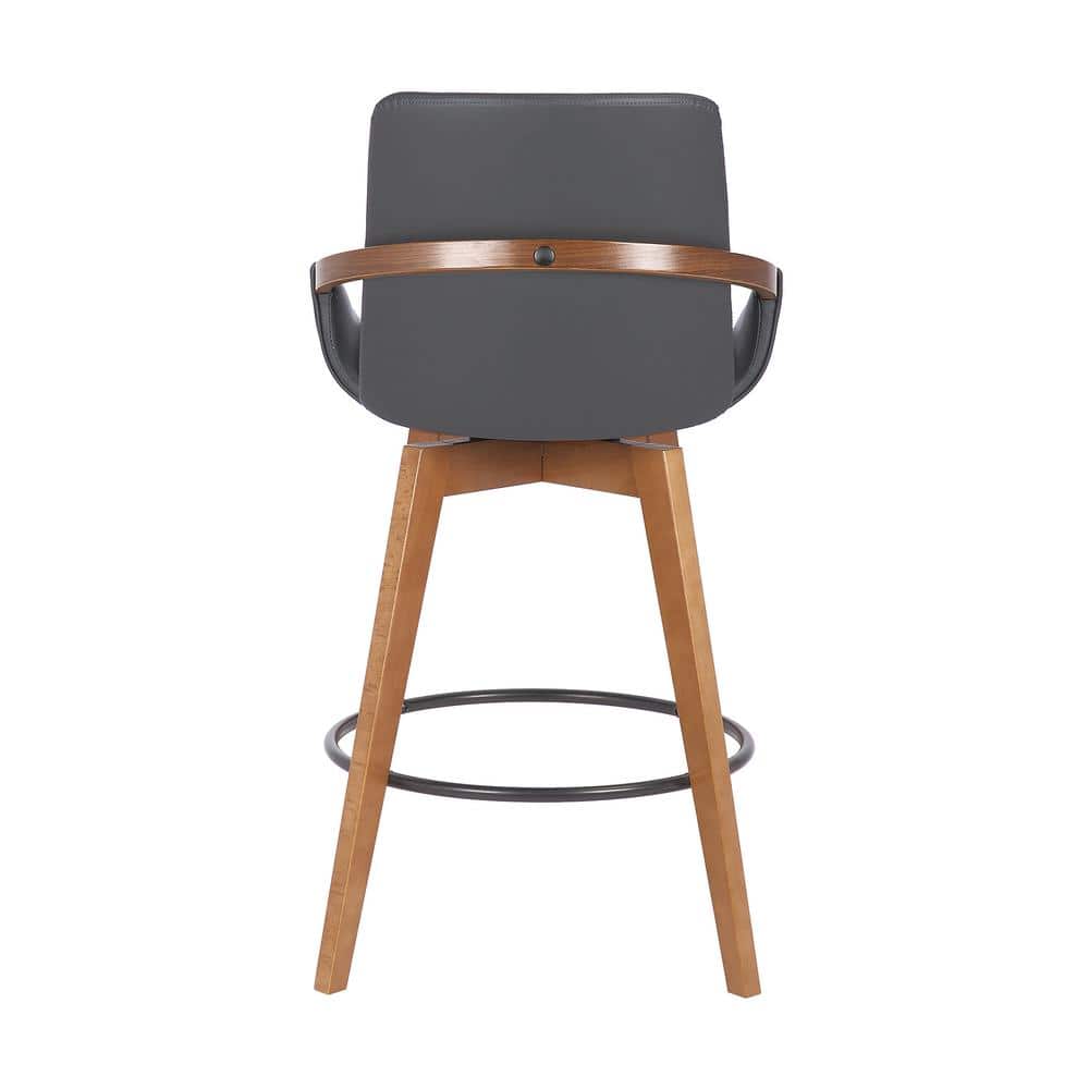 Gray Faux Leather and Walnut Wood Swivel Bar Stool