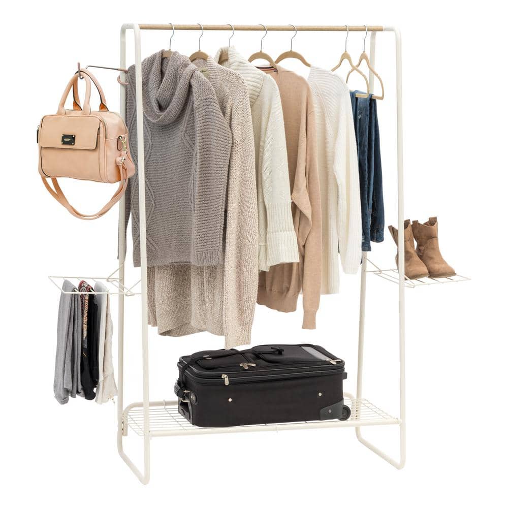 White Metal and Wood Freestanding Garment Rack with Shelves