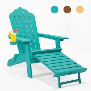 Green Outdoor Folding Wood Adirondack Chair with Pullout Ottoman (1-Pack), Garden Chair, Folding Chaise Lounge, Bakcyard