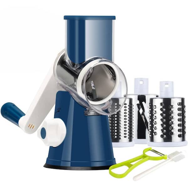 Dark Blue Rotary Cheese Grater Mandoline Slicer with Hand Crank and 3 Drum Blades for Vegetables and Nuts