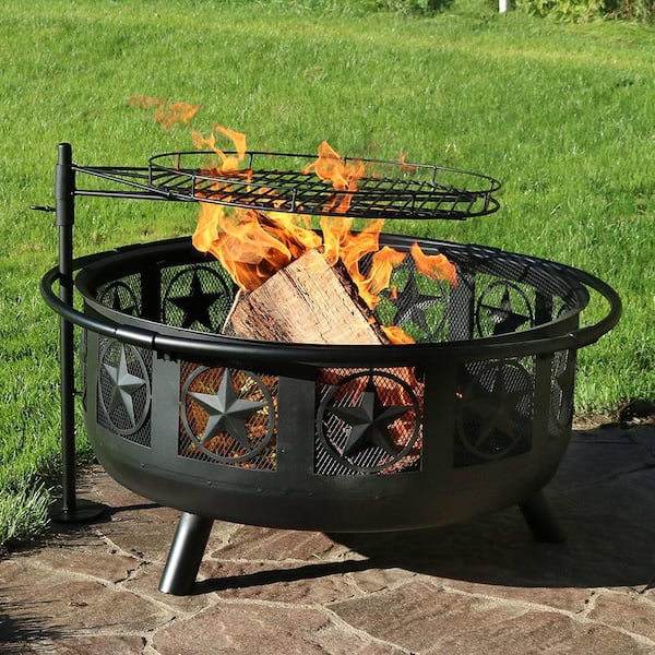 Round Steel Wood Burning Fire Pit, Wood Fire Pit With Cooking Grate