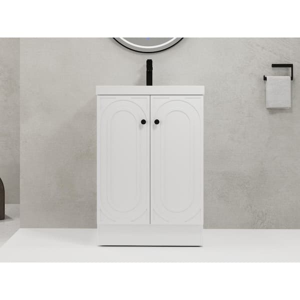 Ziyudura 24 in. Single Sink Freestanding White Bath Vanity with White Resin Top, Adjustable Shelf, Customizable Metal Handles