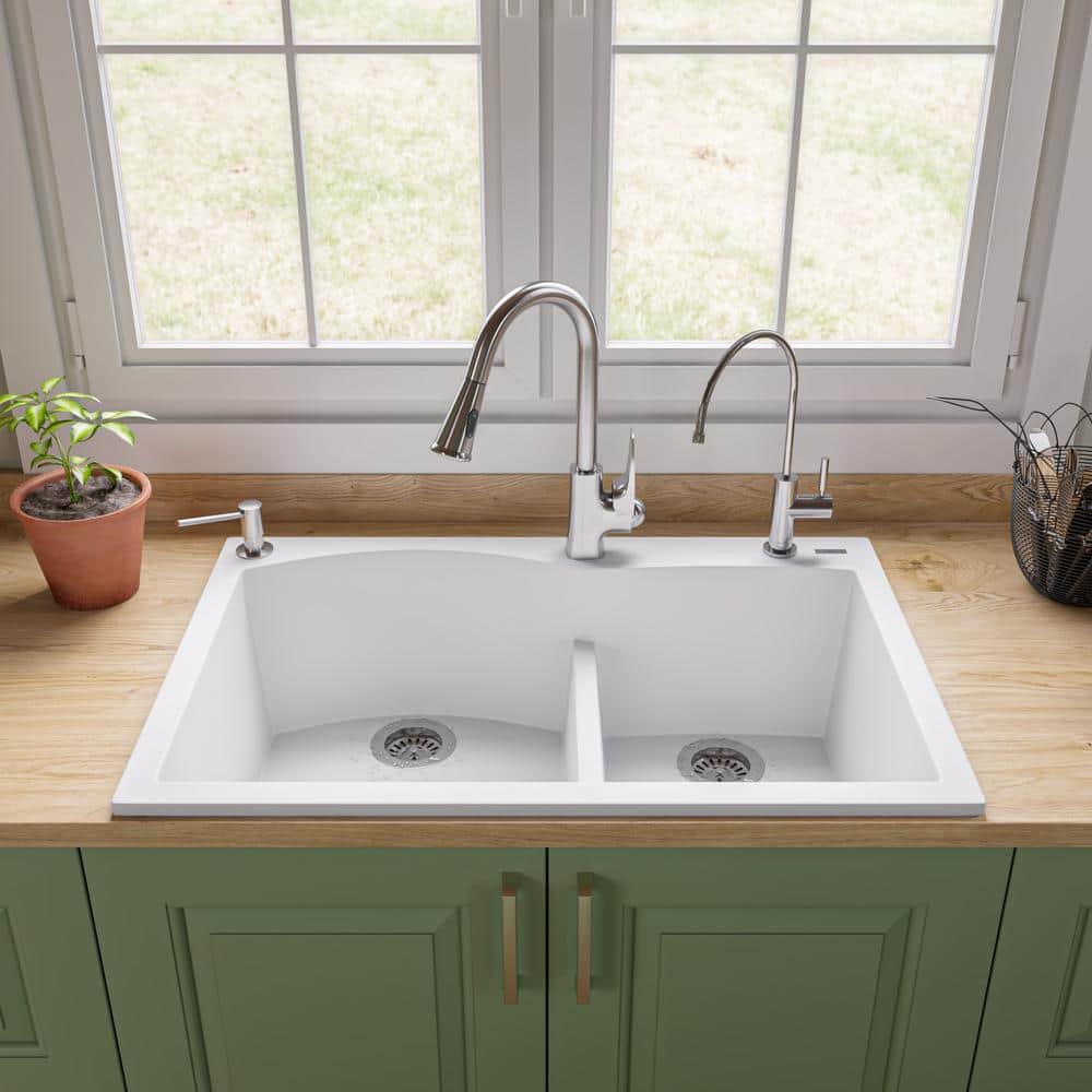 White Granite Composite 33'' Double Bowl Drop-In Kitchen Sink