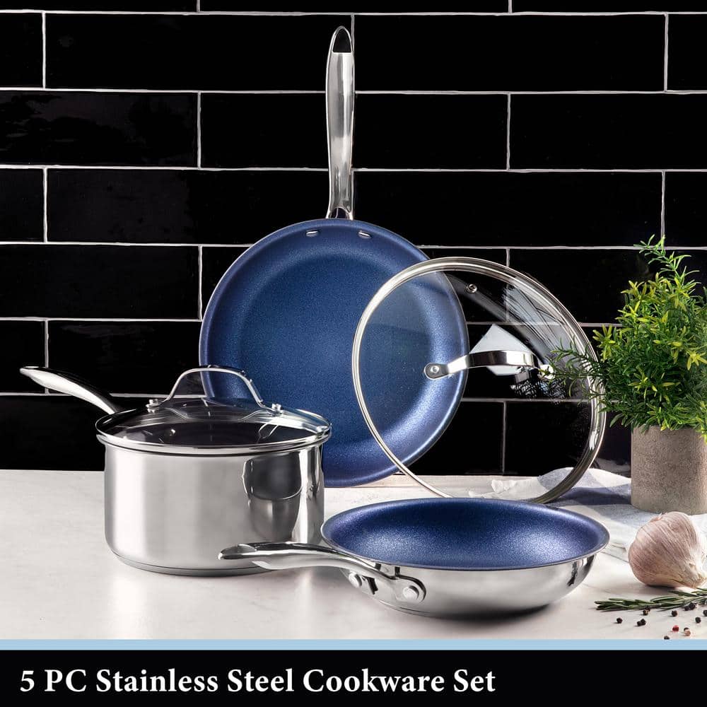 Blue Stainless Steel Nonstick 5-Piece Cookware Set
