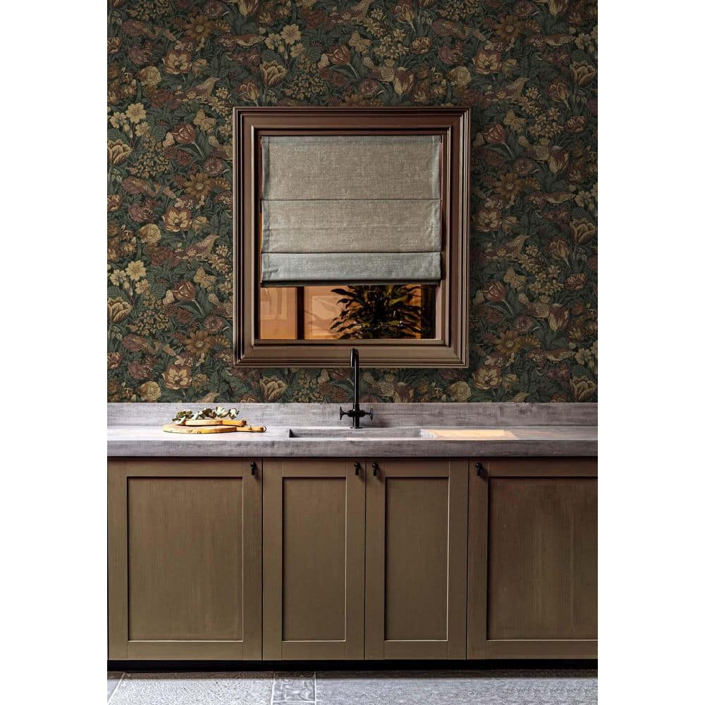 Mahogany and Graphite Bird Floral Peel and Stick Wallpaper