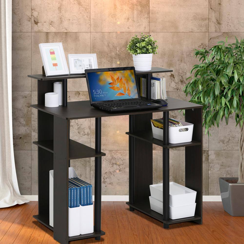 Walnut Compact Computer Desk with Shelves and Drawer