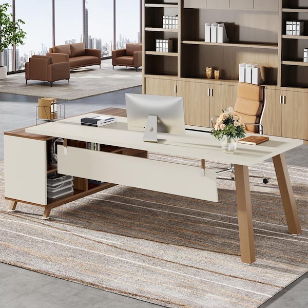 Lanita 71 in. L-Shaped White Wood 2-Drawer Executive Desk with 55 in. Cabinet Large Office Desk with Storage Shelves