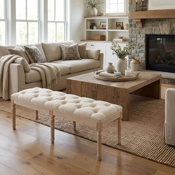 Ermin 47.2 in. Cream Linen Upholstered Vintage Bench with Distressed Wood Legs