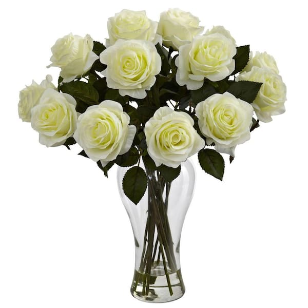 Nearly Natural Artificial Blooming Roses with Vase in White