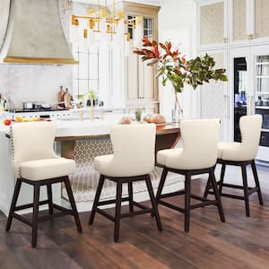 Zola 26 in. Off-White Wood Frame Fabric Upholstered Swivel Bar Stool (Set of 4)