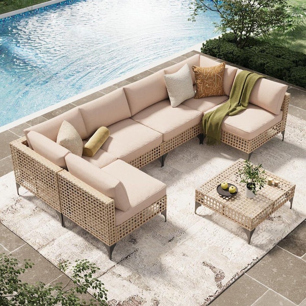 7-Piece Brown Metal Outdoor Sectional Set with Khaki Cushions and Coffee Table